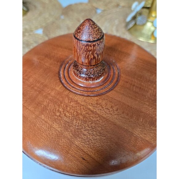 Handcrafted Round Wood Tobacco Jar With Finial Lid & Ridged Seal - Picture 3 of 10
